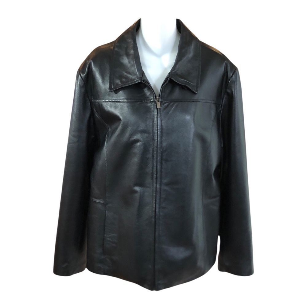VTG Cerrucci Coat Women L Black Genuine Leather Jacket Full Zip Pockets Collar